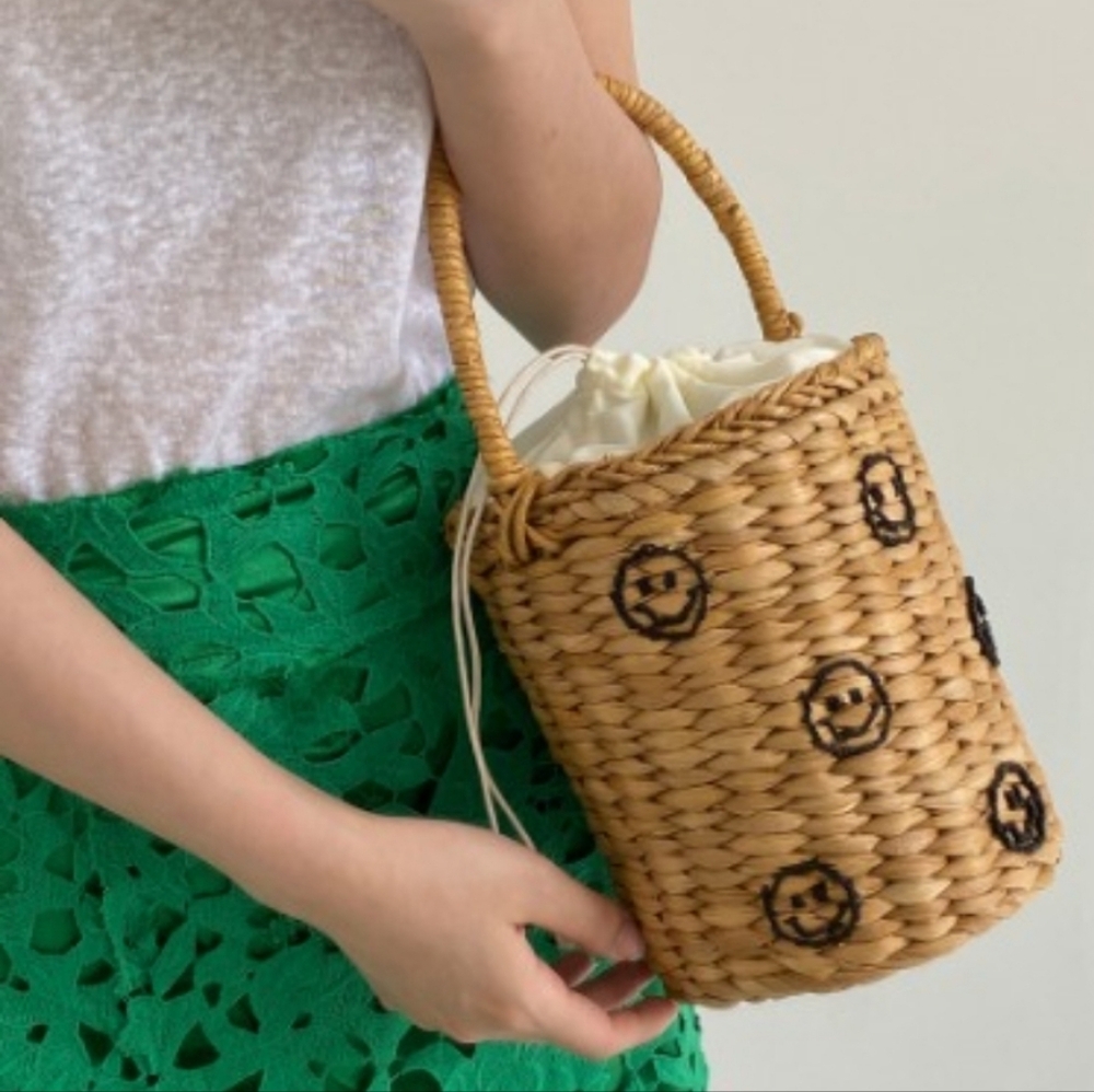 Woven Basket Bag with Smiley Design